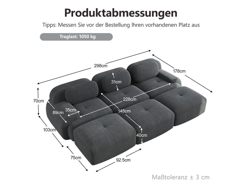  Canapé modulaire 3 places 298x178x70 cm livraison sans montage velours côtelé gris  - Conforama E