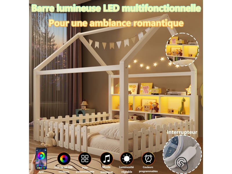  Lit enfant au sol blanc 140x190 cm maison en pin, barrières, led et rangements  - Conforama B