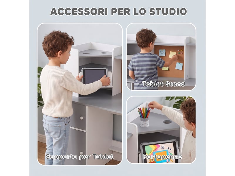  Bureau enfant avec chaise gris, support tablette et rangements intégrés 90 x 39 x 95 cm  - Conforama W