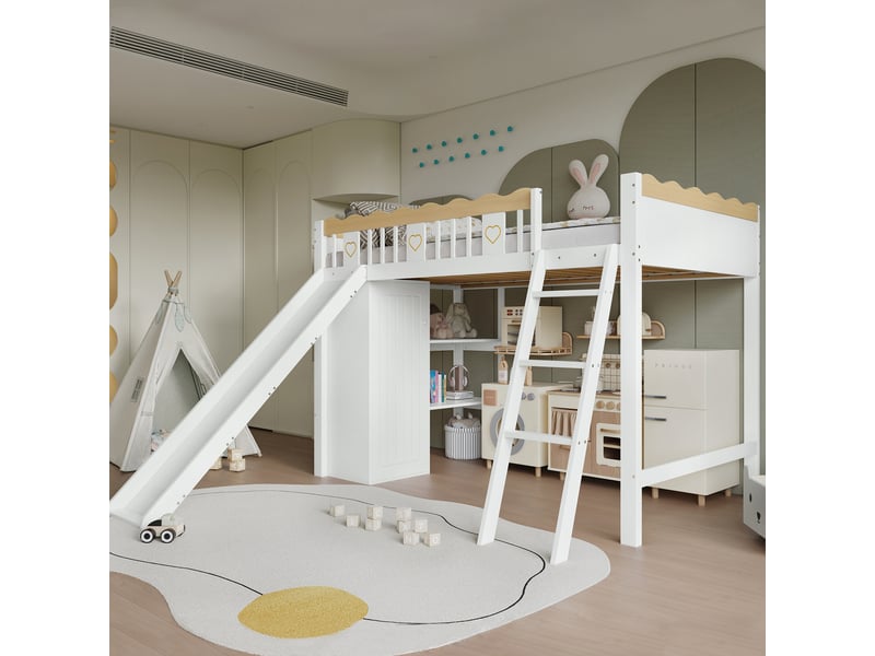 Lit mezzanine enfant 90 x 200 cm avec toboggan, armoire, meuble de rangement, garde-corps 4 côtés, pin et mdf, blanc et effet bois naturel - Conforama D