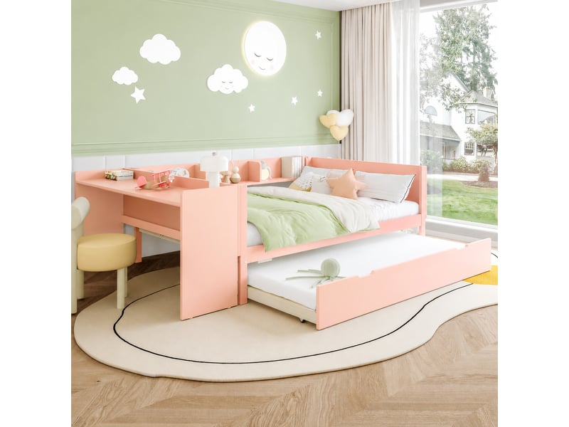  Lit double 140x200 avec lit gigogne, bureau intégré et 3 étagères, sans matelas, rose  - Conforama B