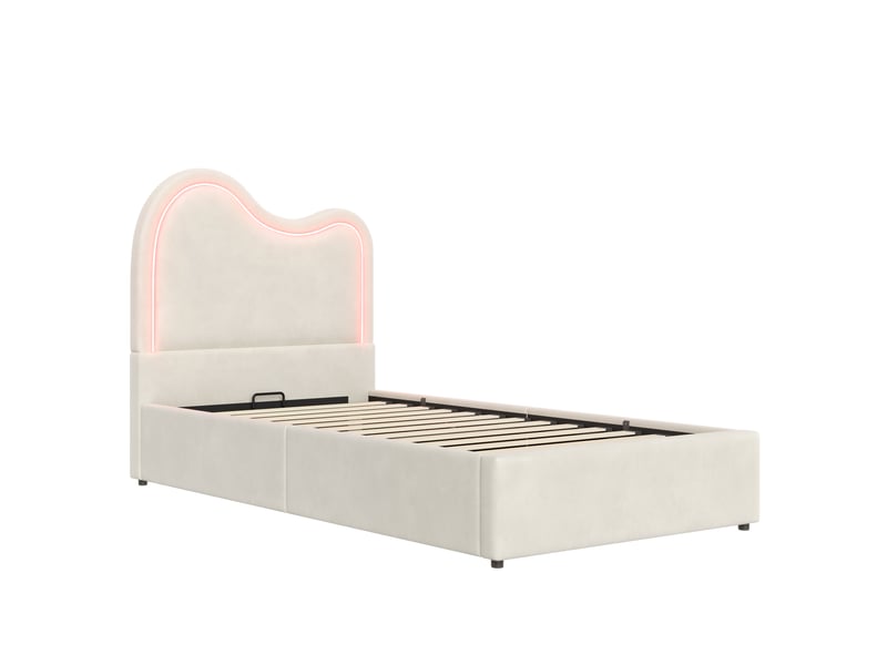  Lit rembourré pour enfant 90 × 200 cm, rangement hydraulique, avec sommier et tête de lit, tête de lit rembourrée, bouclé, blanc  - Conforama R
