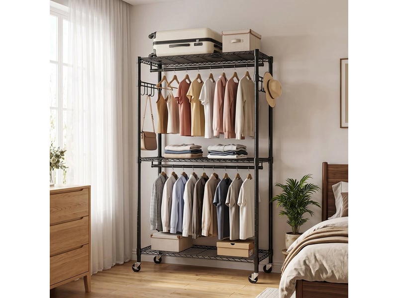  Porte-manteau noir avec roulettes - dressing ouvert mobile en métal avec 3 étagères, 2 barres et crochets  - Conforama C