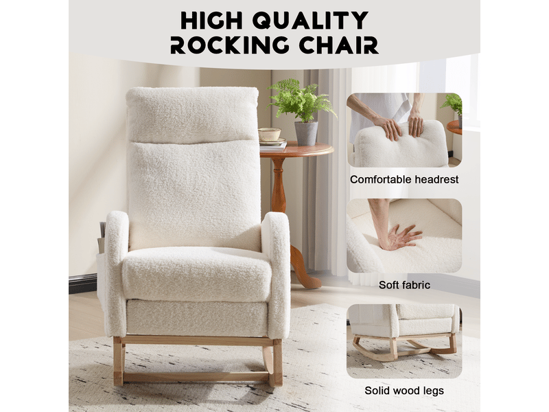  Fauteuil à bascule ergonomique en polaire douce et confortable, avec dossier haut, base en bois incurvée, blanc, réf. T6011p603662  - Conforama E