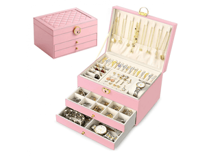Boite a bijoux, rangement bijoux 3 niveaux boite , boite à bijoux femme boite rangement bijouxrange,rose