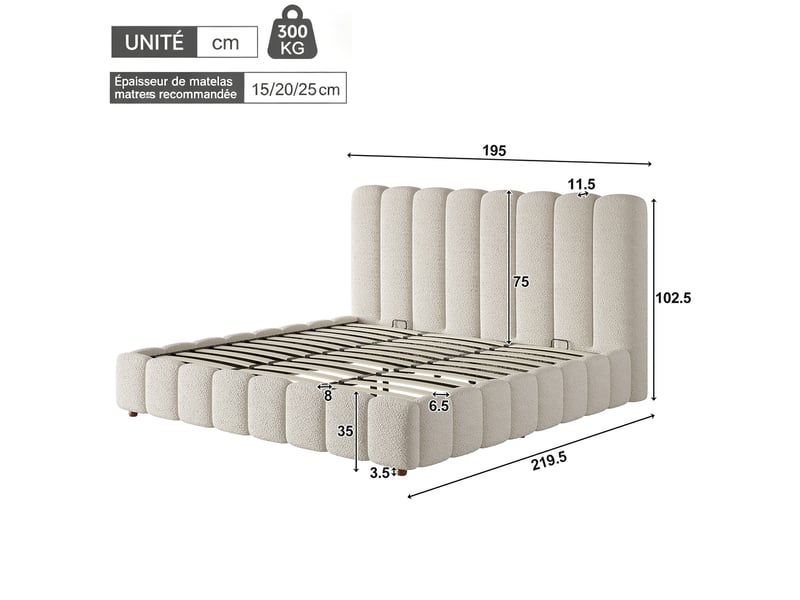  Lit double rembourré 180 x 200 cm avec coffre hydraulique, tête de lit capitonnée et pieds en bois massif, bouclé blanc  - Conforama C