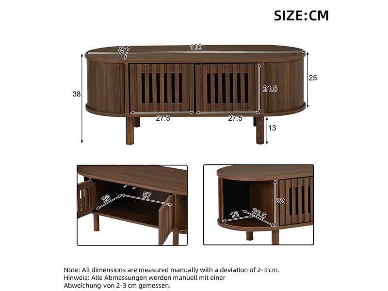  Table basse ovale 100x40x38 cm – noyer foncé – rangement avec 2 portes à lamelles et porte coulissante  - Conforama C