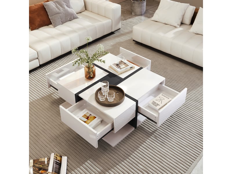  Table basse, 78x78x36 cm, panneau de particules, 4 tiroirs, plateau extensible, style luxueux, design moderne et fonctionnel pour salon  - Conforama E