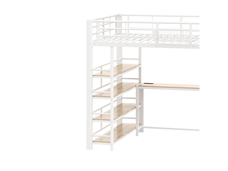 Lit mezzanine 140x200 cm blanc, avec bureau, rangements, panier, étagères, led, usb, structure métal, sommier inclus, sans matelas - Conforama D