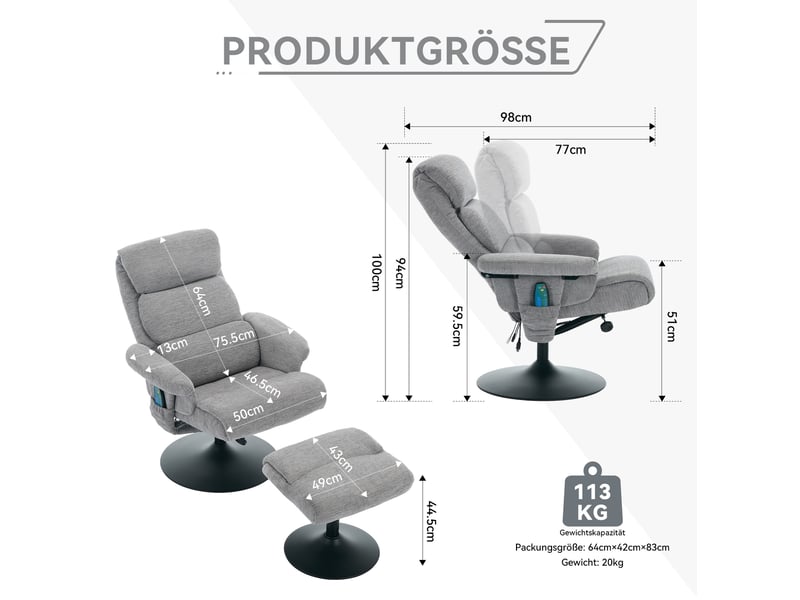  Fauteuil relax pivotant en chenille grise avec massage, chauffage et repose-pieds  - Conforama C