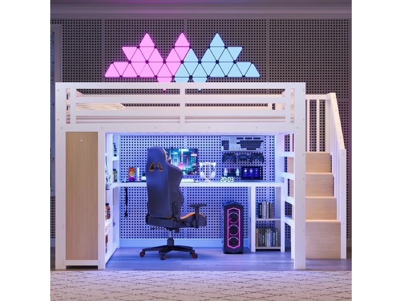Lit mezzanine gamer 140x200 métal blanc avec bureau led usb et armoire ouverte - Conforama D
