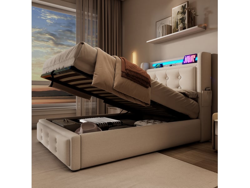  Lit coffre tcqpz 90 x 200 cm avec tête de lit led et usb-c, rangement hydraulique, coton lin, beige  - Conforama D