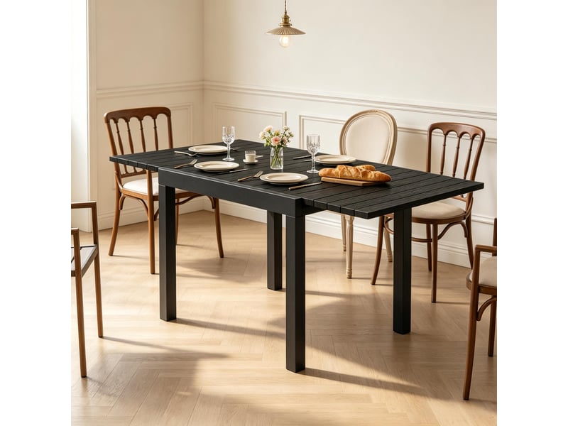  Table de jardin extensible pour 4 à 6 personnes, avec rallonge automatique et plateau à lattes, aluminium, noir  - Conforama C
