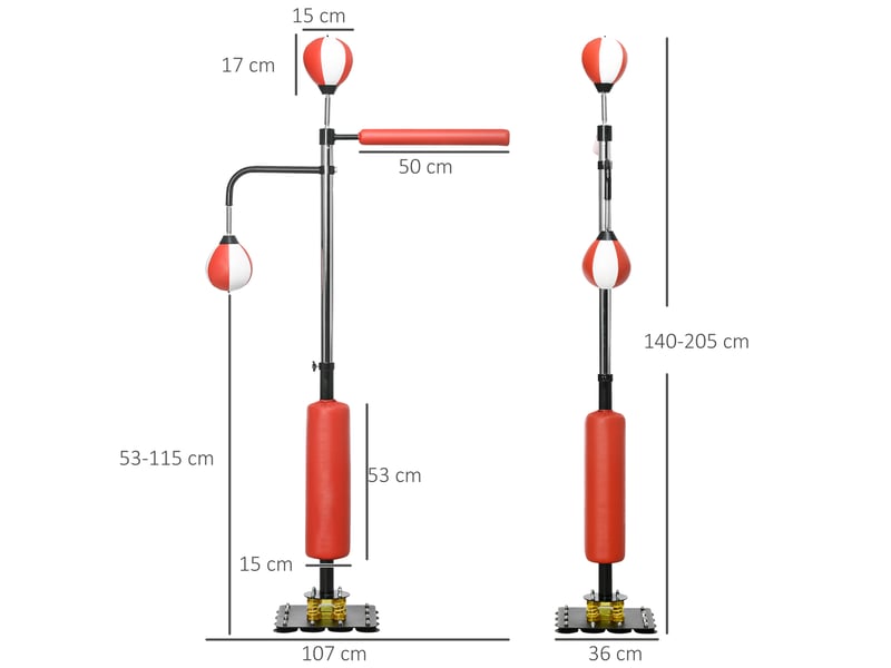 Support de boxe, deux speedballs, barre de frappe rotative, coussins de frappe, hauteur réglable, acier, 107 x 36 x 140-205 cm - Conforama E