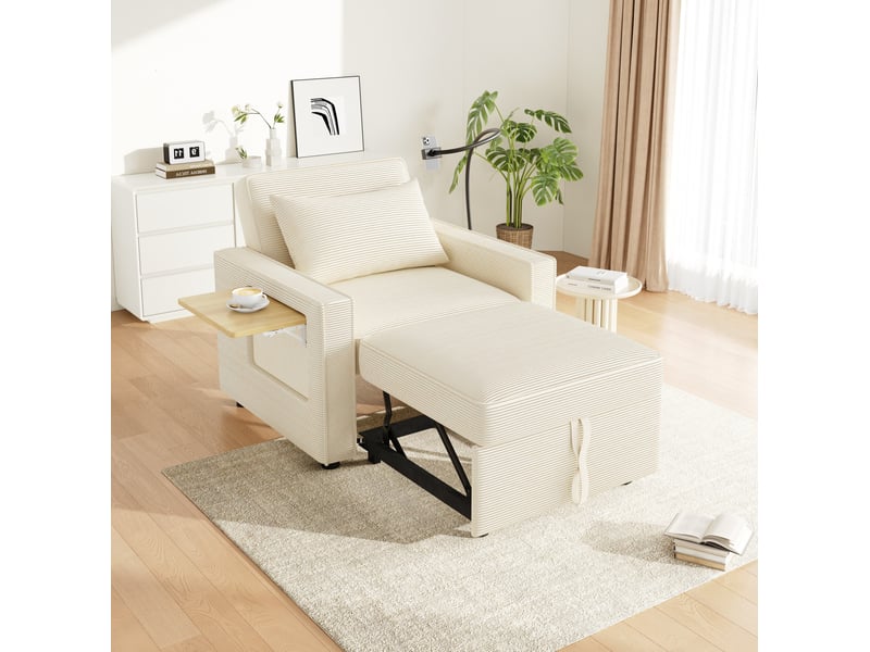 Fauteuil convertible ulevr 1 place en lit, dossier 3 positions, usbtype-c, velours côtelé beige, 93 x 150 x 85 cm - Conforama E