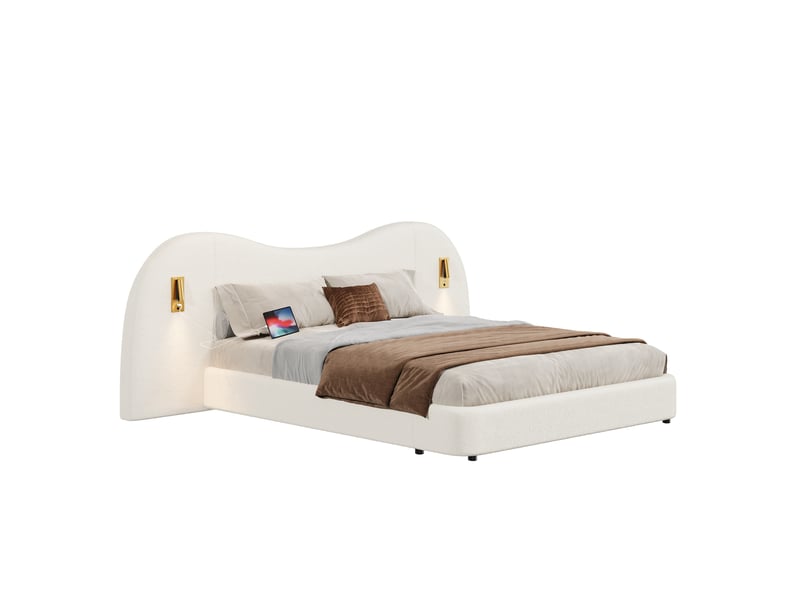  Lit coffre double 180 x 200 cm avec lampes de lecture et usb, lit rembourré, structure anti-glissement, structure stable, bouclé, blanc Morn Vibe - Conforama A