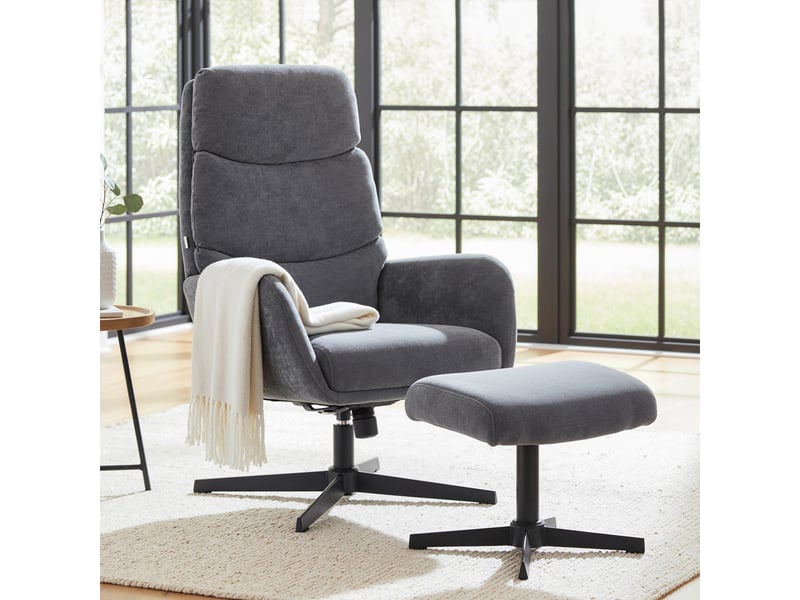  Fauteuil rembourré avec repose-pieds, fauteuil lounge à dossier haut, piètement en métal, pour salon, chambre, gris  - Conforama C