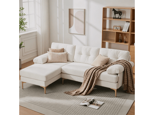 Canapé d'angle 3 places beige en tissu chenille avec accoudoirs rembourrés et pieds métalliques