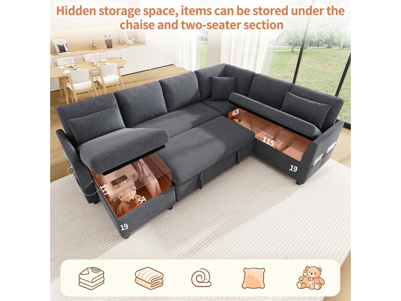  Canapé d'angle modulable 6 places convertible avec rangement, ports usb et type-c, tissu aspect lin gris  - Conforama E