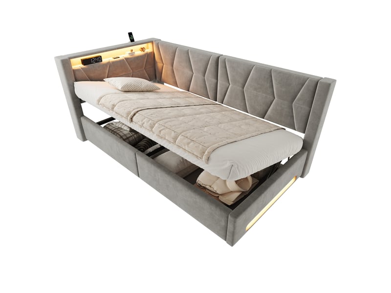  Lit coffre 90 × 200 cm 1 place avec led, usb, type-c et rangement hydraulique, sans matelas, en velours gris foncé  - Conforama A