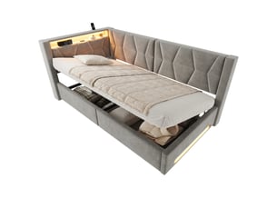 Lit coffre 90 × 200 cm 1 place avec led, usb, type-c et rangement hydraulique, sans matelas, en velours gris foncé