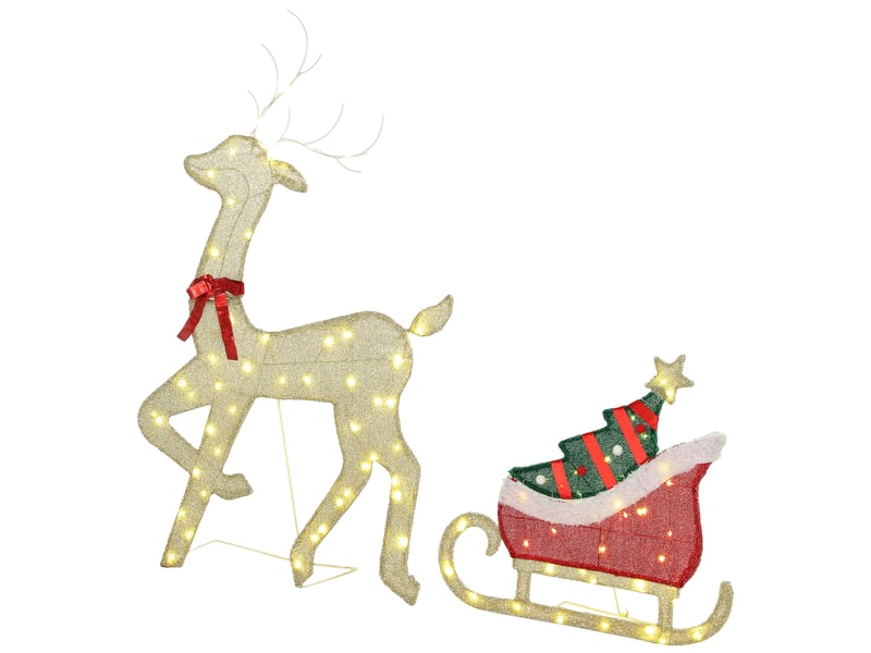 Renne et traîneau lumineux, décoration de noël extérieure, 95 led blanc chaud, 8 modes, minuterie quotidienne  - Conforama B