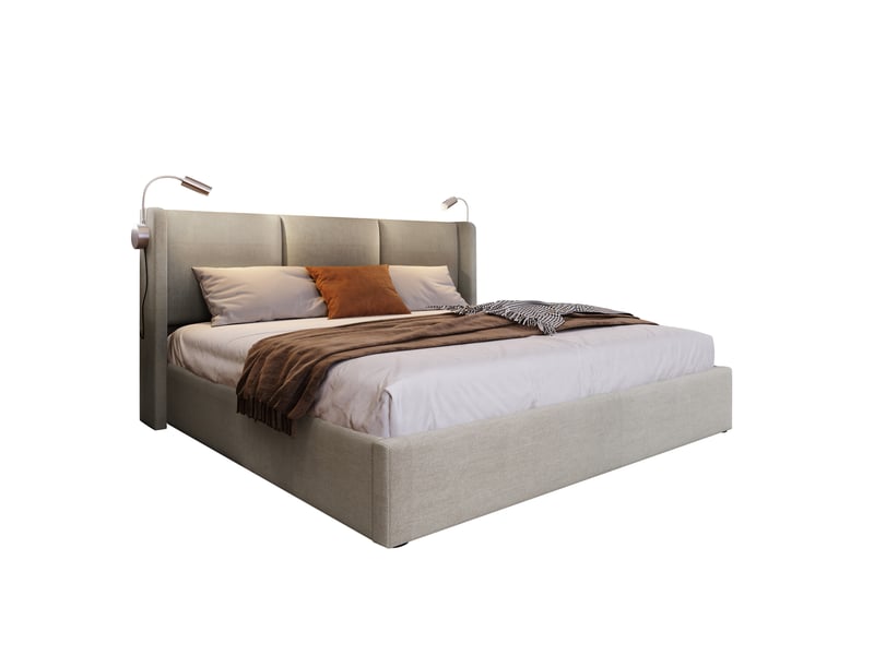Lit double capitonné 160x200 cm,lit coffre hydraulique,liseuse led avec port usb,tête de lit rembourrée,lin,sans matelas,beige - Conforama A
