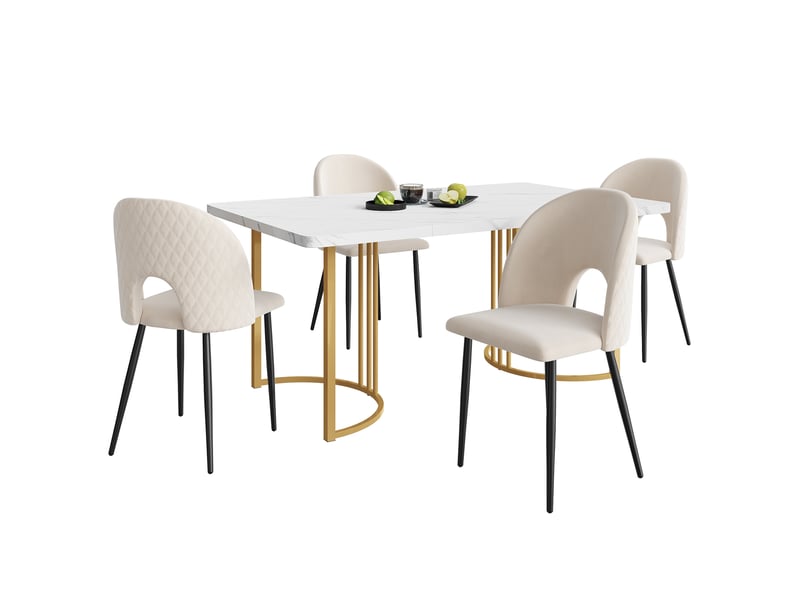  Ensemble 5 pièces, table plateau mdf effet marbre, pieds métal réglables dorés, meuble salon, 4 chaises velours, beige  - Conforama A
