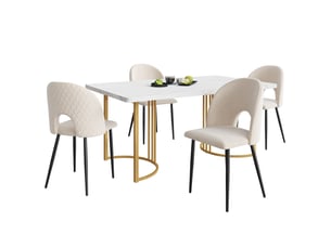 Ensemble 5 pièces, table plateau mdf effet marbre, pieds métal réglables dorés, meuble salon, 4 chaises velours, beige