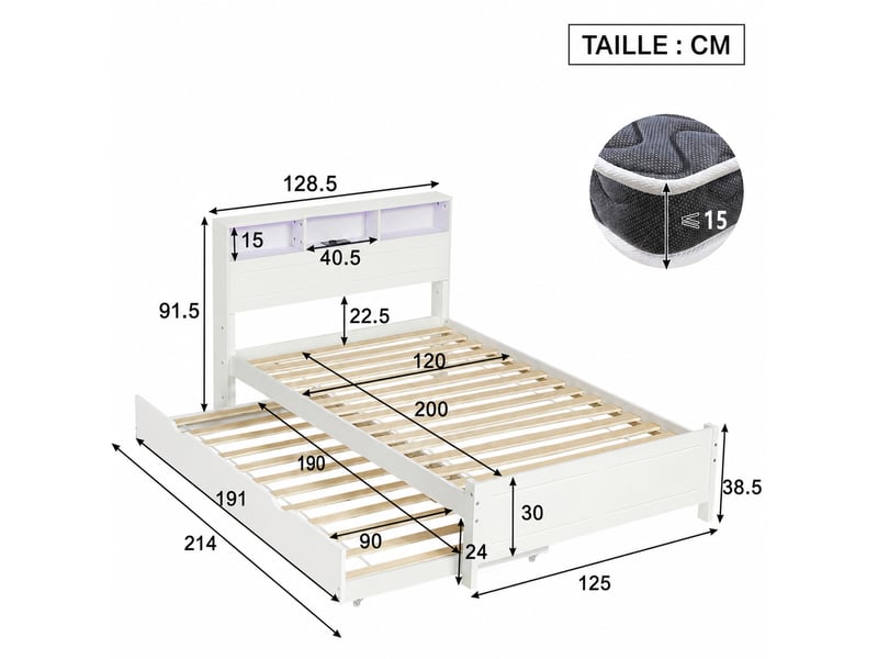  Lit gigogne 2 places avec lit d'appoint à roulettes, led réglable, 2 ports usb et rangements, 120×200 et 90×190 cm, sans matelas  - Conforama D