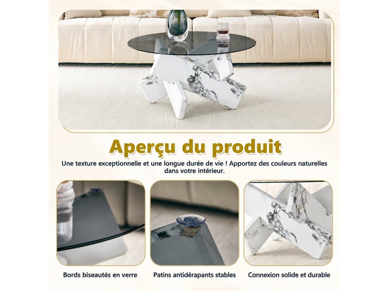  Table basse ronde en verre, table de salon moderne blanche avec plateau en verre trempé et socle géométrique aspect marbre, ø 79 cm.  - Conforama W