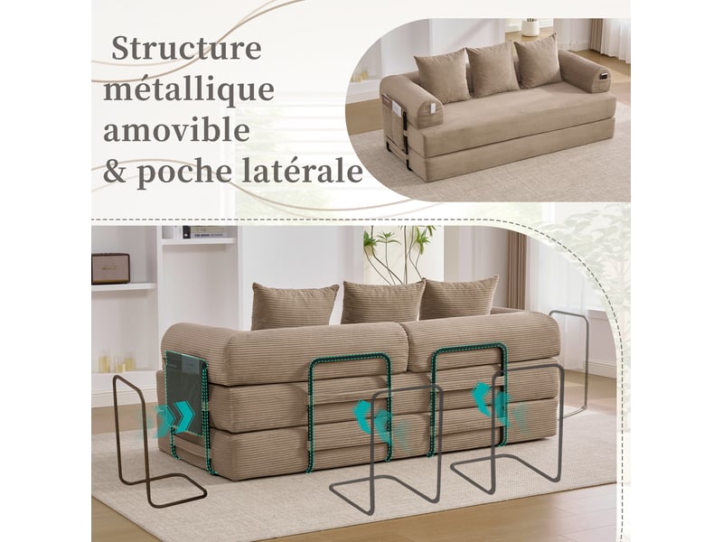  Canapé modulaire 3 places 200x94x67 cm – taupe – velours côtelé, 3 coussins et poche latérale  - Conforama E