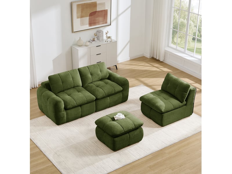  Canapé d'angle modulaire 3 places avec pouf, sans cadre et mousse haute densité, en chenille vert, 264 × 160 × 68 cm  - Conforama E