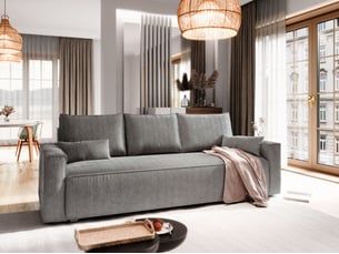 Canapé droit convertible <strong>MASSENO</strong> <strong></strong> 3 places Velours côtelé gris avec coffre de rangement