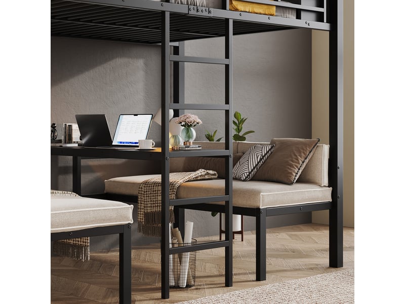 Lit superposé 120 x 200 cm, avec 2 couchages inférieurs de 60 x 120 cm, échelle droite, étagère et canapés, noir - Conforama E