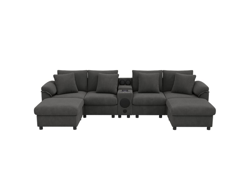  Canapé d'angle modulable avec rangement, charge sans fil, ports usb et porte-gobelets en velours côtelé gris  - Conforama A