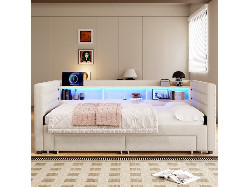  Lit de jour velours avec lit gigogne 90x190, canapé lit beige avec led, ports usb et tiroirs  - Conforama B