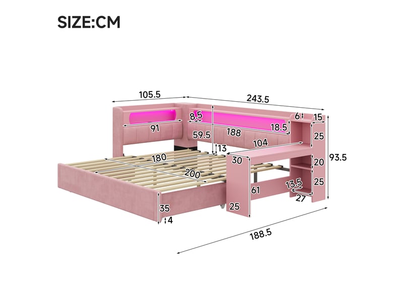  Lit extensible 90x200 à 180x200 cm rose avec bureau, led et usb  - Conforama C
