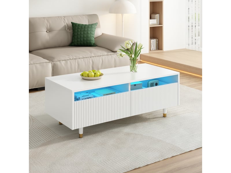  Table basse rectangulaire blanc avec 2 tiroirs - 50x100 cm led mdf table basse blanc - Conforama E