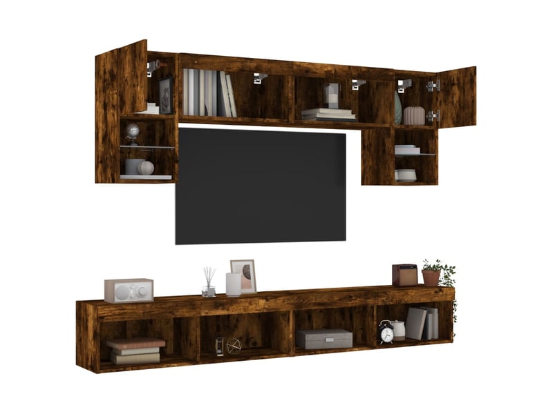  Unités murales tv avec led 6 pcs chêne fumé bois d'ingénierie  - Conforama E