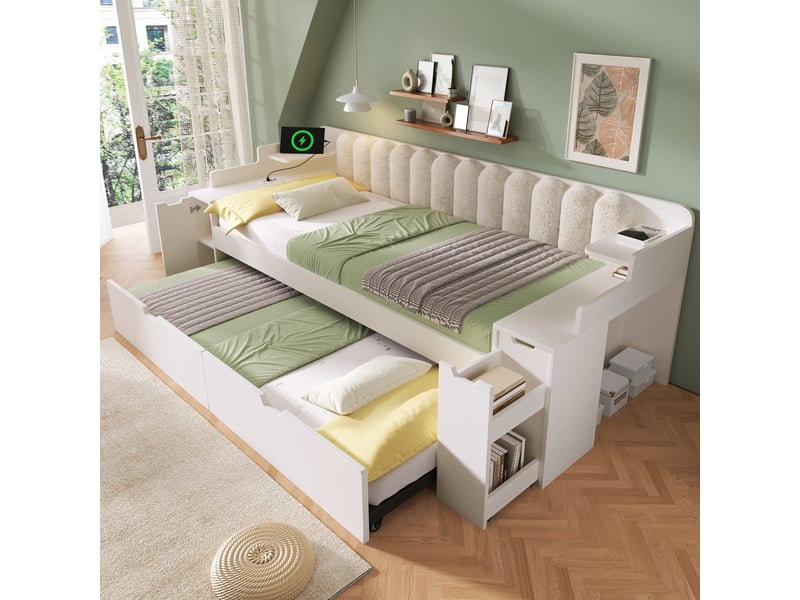  Lit banquette 90x200 cm, lit de jour avec sommier, lit gigogne, 3 usbusb-c, chariot, sherpa (sans matelas), blanc CozyNest - Conforama E