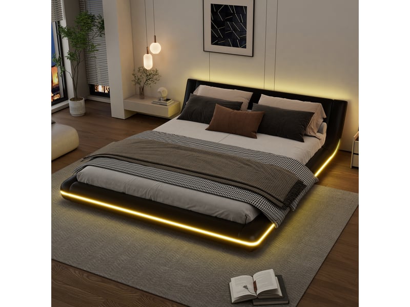  Lit plat au sol 160*200cm, éclairage led d'ambiance, design noir en pu, style moderne, chambre épurée  - Conforama E
