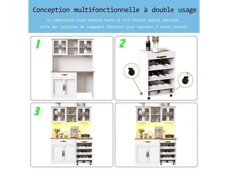  Servers, sideboards &amp; buffets - armoire de cuisine de 140cm avec chariot roulant, armoire haute avec éclairage led, armoir - mdf - blanc - 140 x 38 x 180 cm - usage domestique - installation simple N620GG260304W - Conforama B