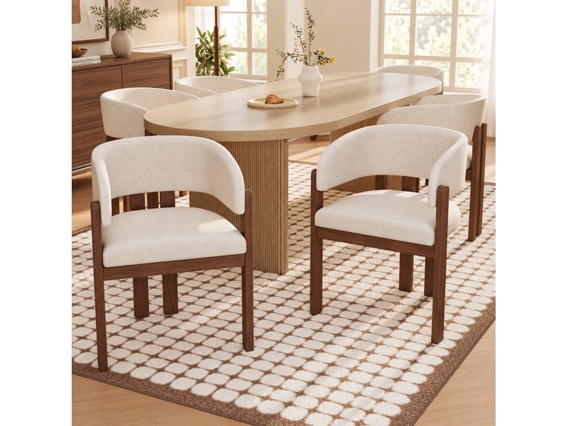  Lot de 6 chaises de salle à manger avec accoudoirs, tissu bouclé beige, coloris noyer  - Conforama D