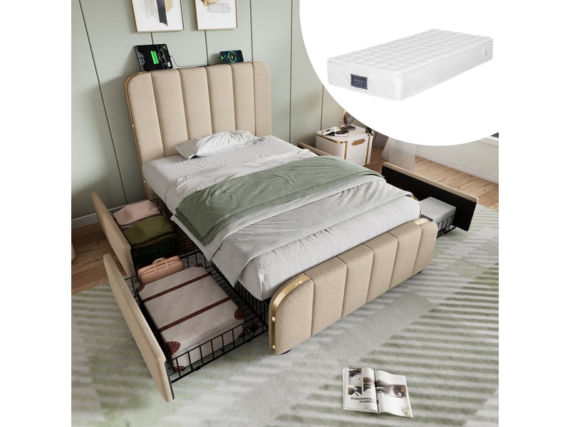 Lit avec tiroirs lit simple 90x200 cm en lin beige avec 4 tiroirs, usb, type-c et tête capitonnée, matelas inclus - Conforama B
