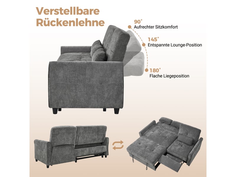  Canapé convertible 3 places 176 cm, canapé lit avec assise extensible et dossier réglable 3 positions, tissu chenille, gris OMNIGLINT TRADING LTD - Conforama E