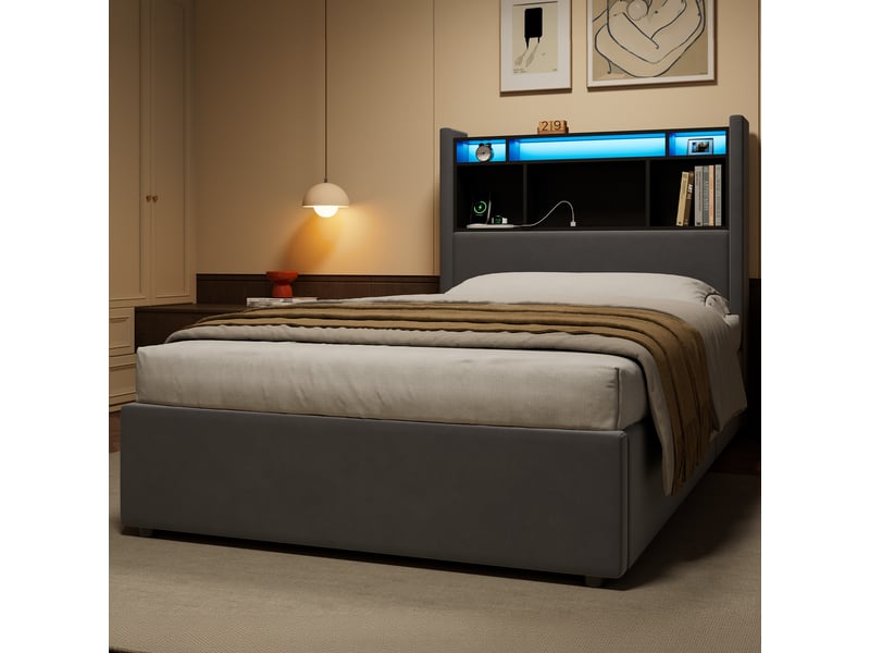  Lit simple 90×200 cm, led, prises et rangements ouverts en tête de lit, lit rembourré avec veilleuse, sans matelas - gris  - Conforama C