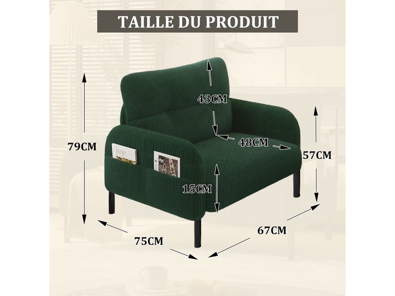  Fauteuil d'accent 67x75x79cm – fauteuil lounge individuel contemporain avec assise profonde et poches latérales double face – velours côtelé - vert  - Conforama C