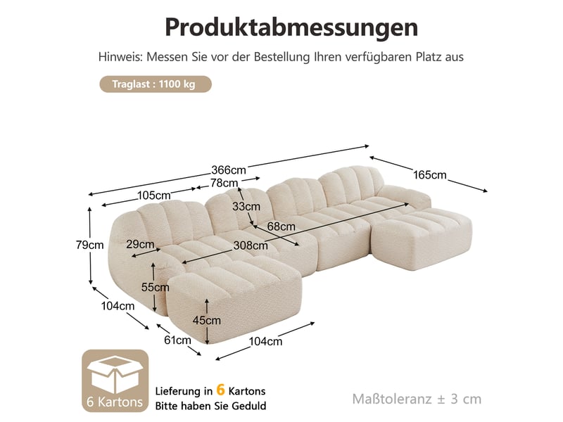 Canapé panoramique coquille 4 places, 2 poufs beigeblanc – 366 x 165 x 79 cm Fay Lum - Conforama C