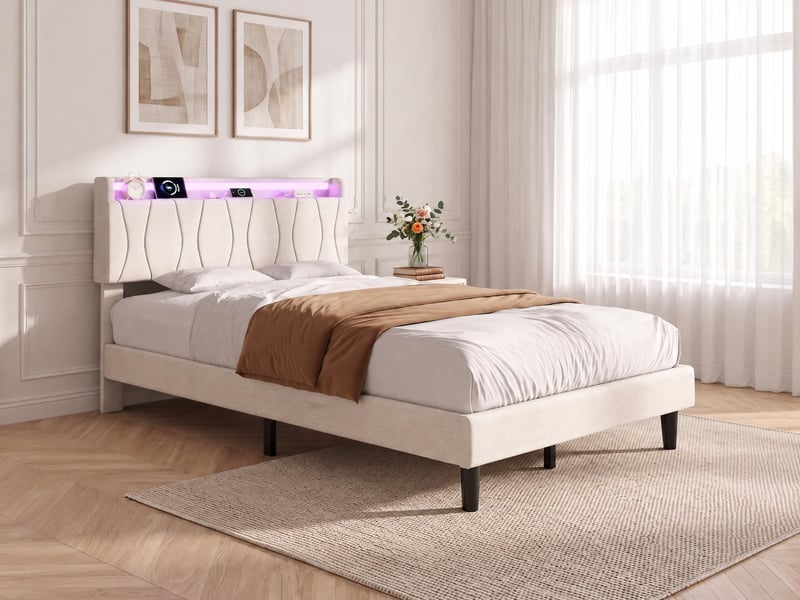  Lit simple 90×200 – lit adulte –  tête à tablette – éclairage led rgb – ports usb et type‑c –  sommier à lattes – lin beige  - Conforama B
